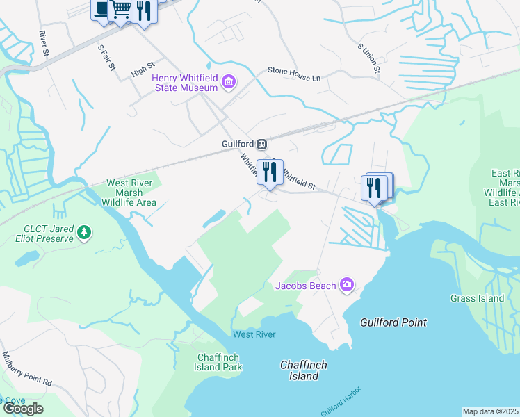 map of restaurants, bars, coffee shops, grocery stores, and more near 405 New Whitfield Street in Guilford