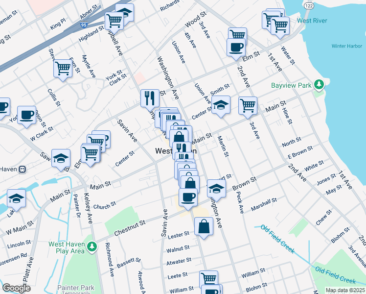 map of restaurants, bars, coffee shops, grocery stores, and more near in West Haven