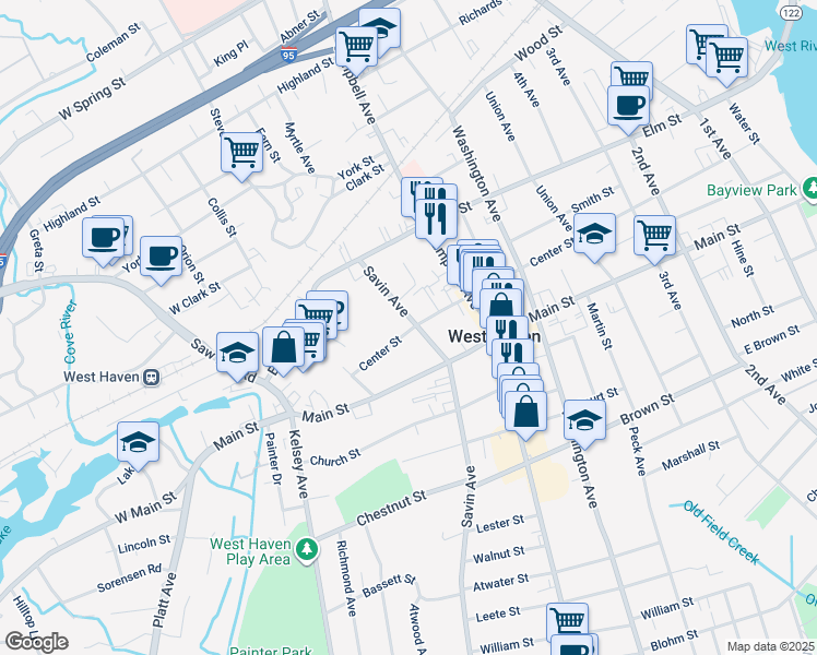 map of restaurants, bars, coffee shops, grocery stores, and more near 738 Savin Avenue in West Haven