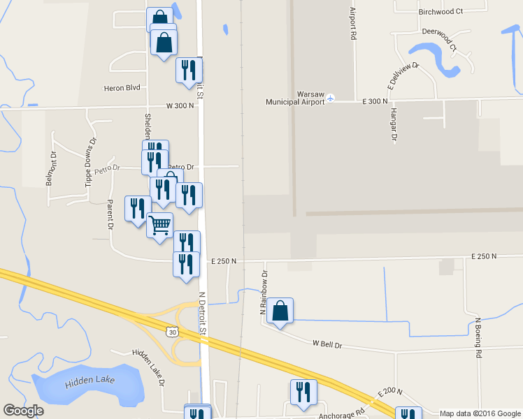 map of restaurants, bars, coffee shops, grocery stores, and more near 436 West 250 North in Warsaw