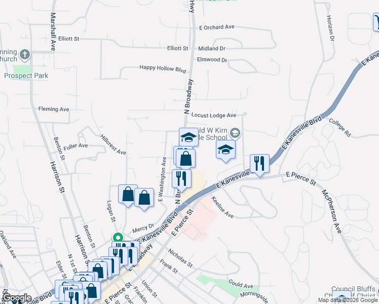 map of restaurants, bars, coffee shops, grocery stores, and more near 1205 North Broadway in Council Bluffs