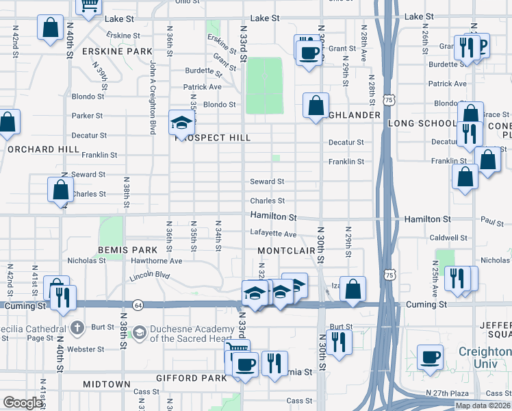 map of restaurants, bars, coffee shops, grocery stores, and more near 3230 Hamilton Street in Omaha