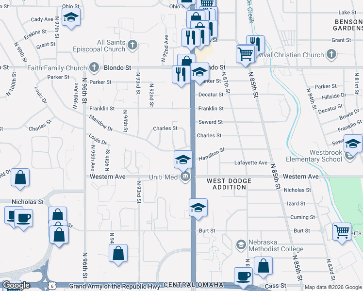 map of restaurants, bars, coffee shops, grocery stores, and more near 9064 Meadow Drive in Omaha