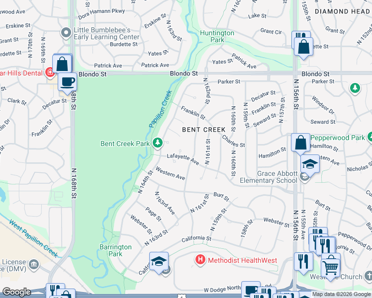 map of restaurants, bars, coffee shops, grocery stores, and more near 1306 North 163rd Circle in Omaha