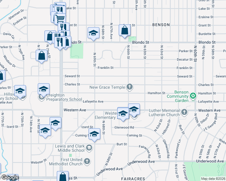 map of restaurants, bars, coffee shops, grocery stores, and more near 6646 Hamilton St in Omaha