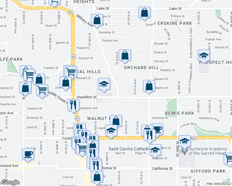 map of restaurants, bars, coffee shops, grocery stores, and more near 1414 Military Avenue in Omaha