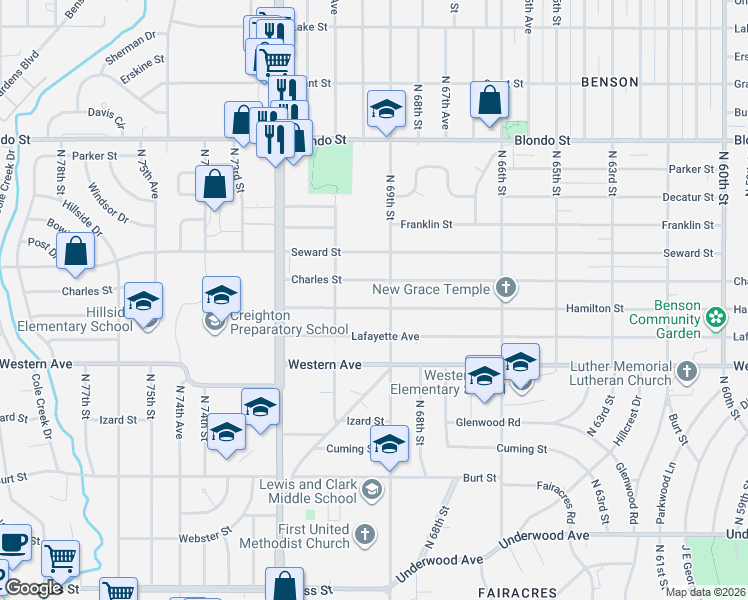 map of restaurants, bars, coffee shops, grocery stores, and more near 6908 Hamilton Street in Omaha