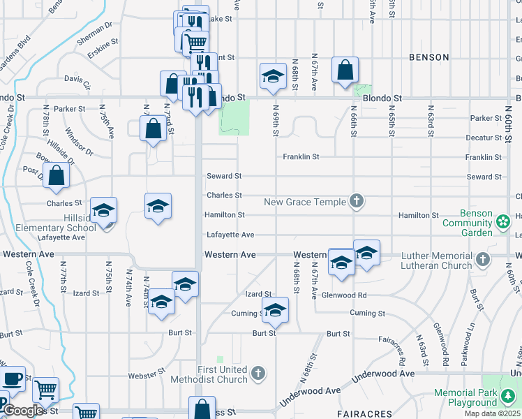 map of restaurants, bars, coffee shops, grocery stores, and more near 6908 Hamilton Street in Omaha