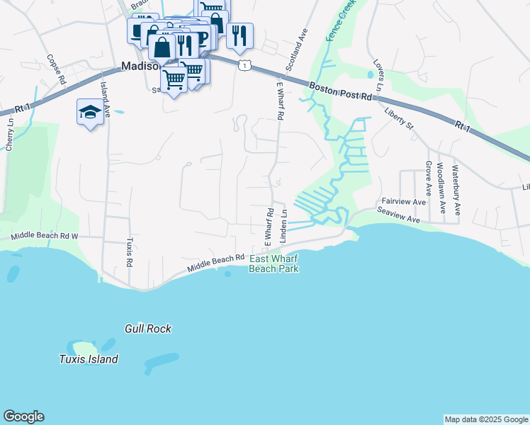 map of restaurants, bars, coffee shops, grocery stores, and more near 94 East Wharf Road in Madison