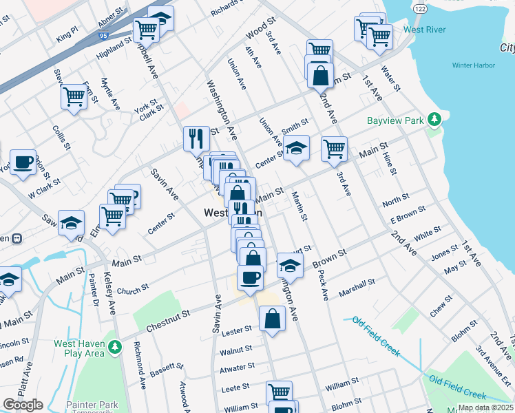 map of restaurants, bars, coffee shops, grocery stores, and more near 308 Main Street in West Haven