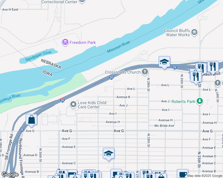map of restaurants, bars, coffee shops, grocery stores, and more near 1222 North 31st Street in Council Bluffs