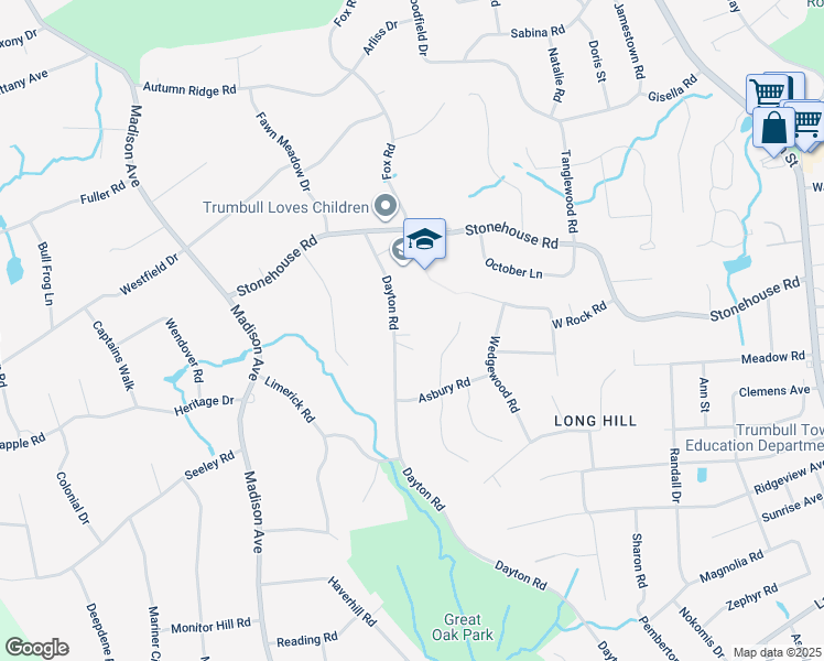 map of restaurants, bars, coffee shops, grocery stores, and more near 450 Dayton Road in Trumbull