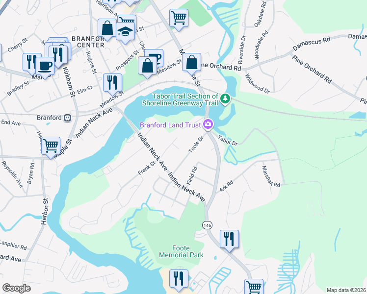 map of restaurants, bars, coffee shops, grocery stores, and more near 23 Weir Street in Branford