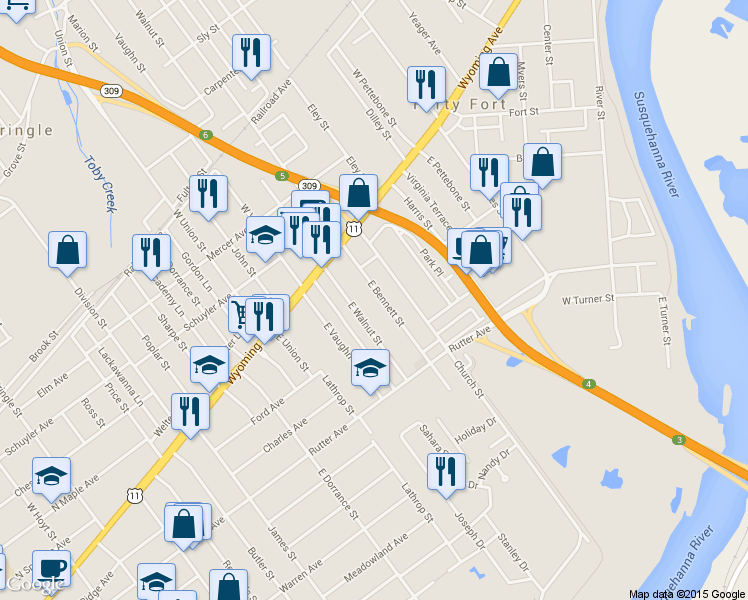 map of restaurants, bars, coffee shops, grocery stores, and more near 119 West Bennett Street in Exeter