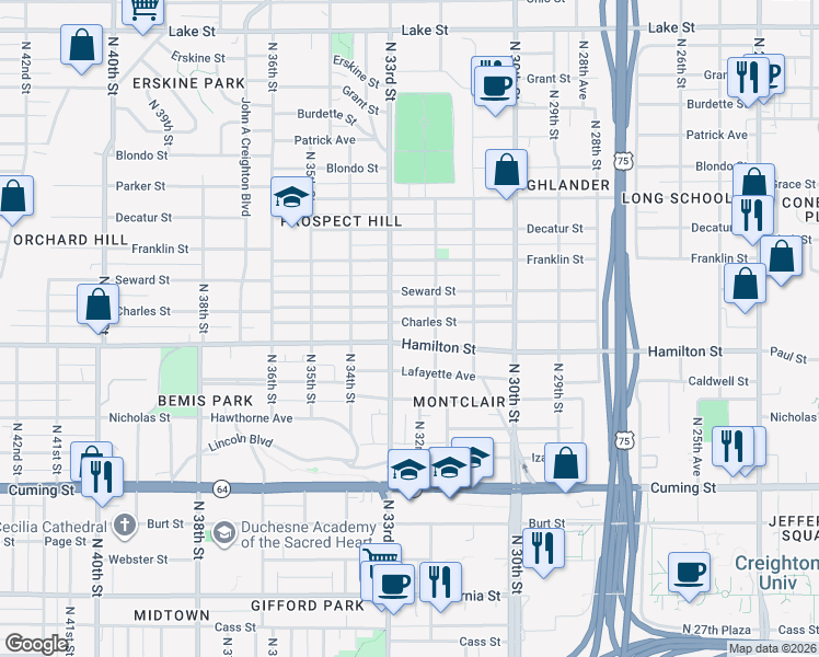 map of restaurants, bars, coffee shops, grocery stores, and more near 3230 Hamilton Street in Omaha