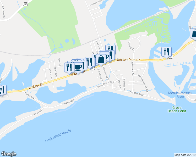 map of restaurants, bars, coffee shops, grocery stores, and more near 47 Broadway South in Westbrook