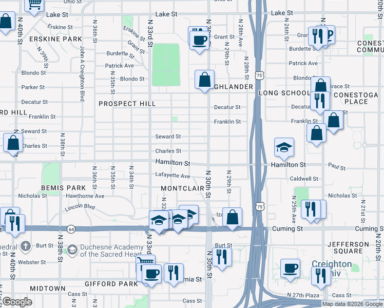 map of restaurants, bars, coffee shops, grocery stores, and more near 1417 North 31st Street in Omaha