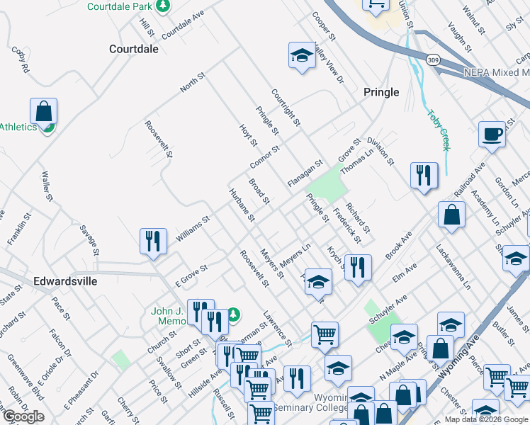 map of restaurants, bars, coffee shops, grocery stores, and more near 256 East Grove Street in Pringle