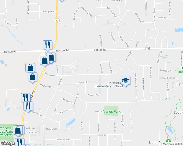 map of restaurants, bars, coffee shops, grocery stores, and more near 3971 Skyview Drive in Brunswick
