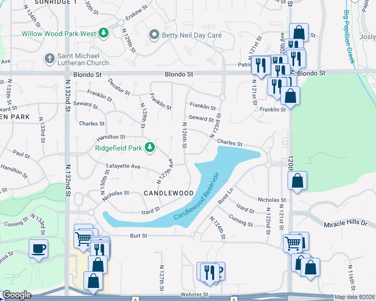 map of restaurants, bars, coffee shops, grocery stores, and more near 12330 Lafayette Avenue in Omaha