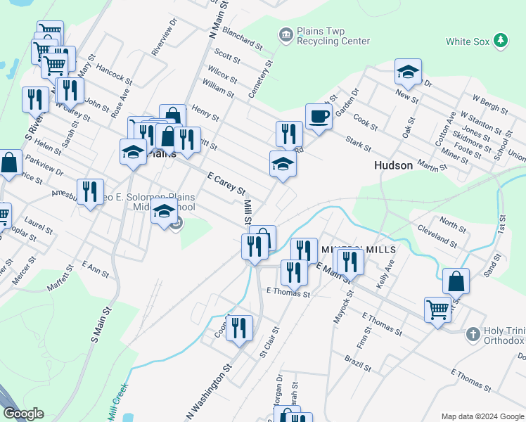 map of restaurants, bars, coffee shops, grocery stores, and more near 22 Hopkins Street in Wilkes-Barre