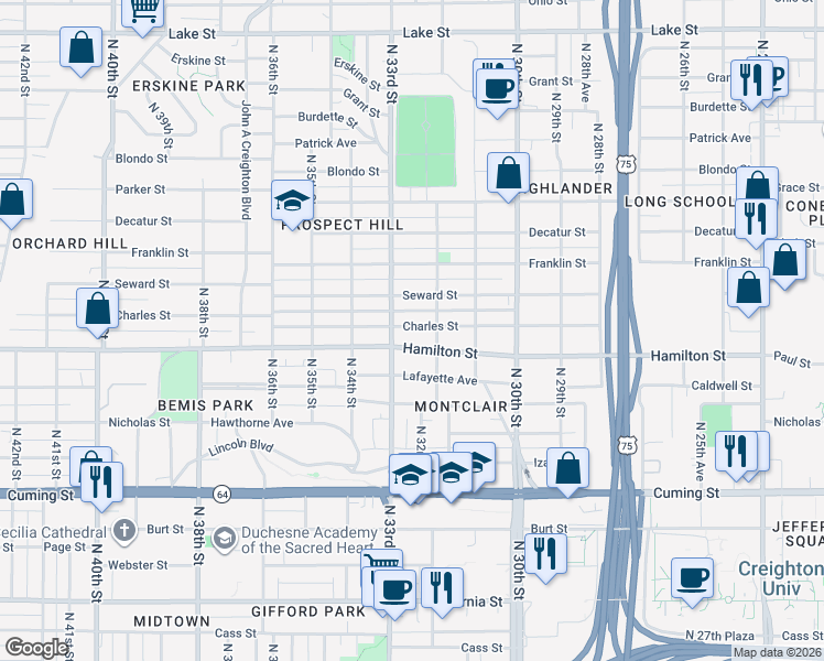 map of restaurants, bars, coffee shops, grocery stores, and more near 3230 Hamilton Street in Omaha
