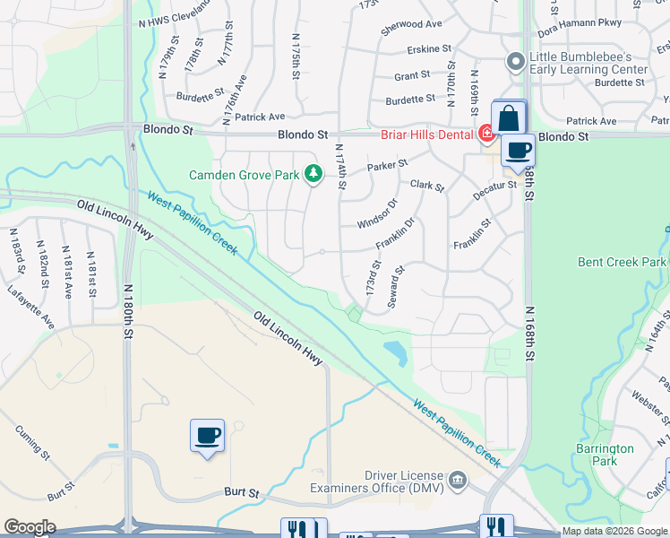 map of restaurants, bars, coffee shops, grocery stores, and more near 17332 Oakbrook Circle in Omaha