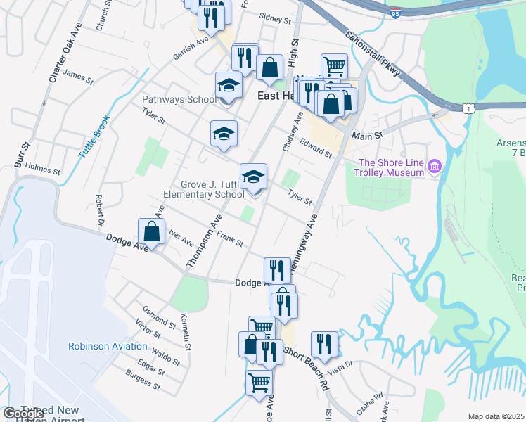 map of restaurants, bars, coffee shops, grocery stores, and more near 108 Prospect Road in East Haven