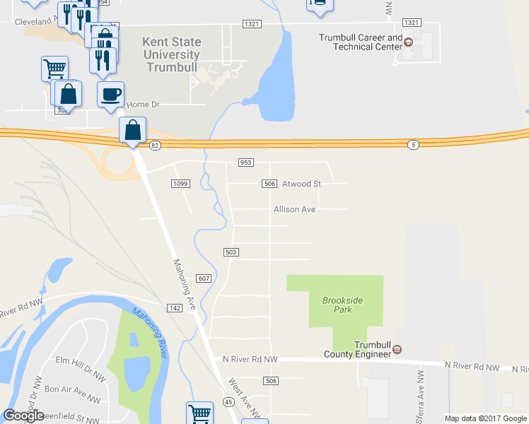 map of restaurants, bars, coffee shops, grocery stores, and more near 809 Allison Avenue Northwest in Warren