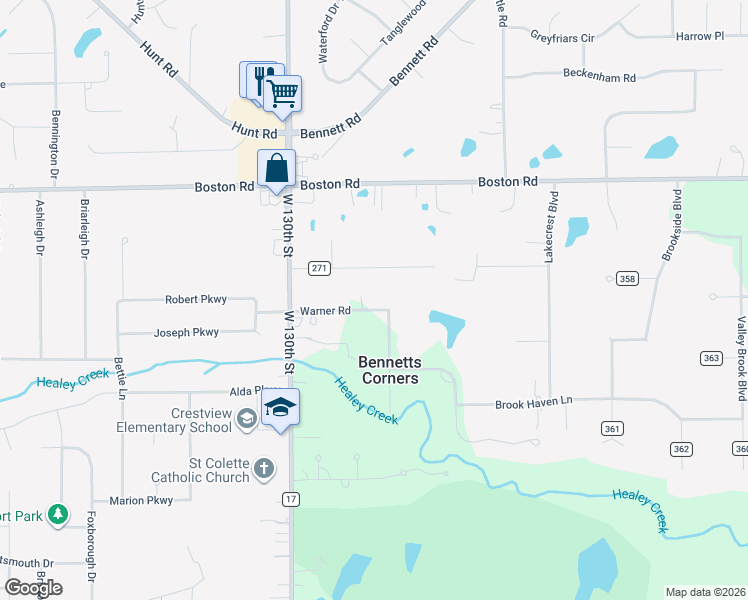 map of restaurants, bars, coffee shops, grocery stores, and more near 2657 Warner Road in Hinckley