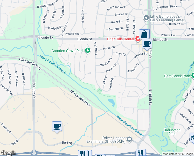 map of restaurants, bars, coffee shops, grocery stores, and more near 17332 Oakbrook Circle in Omaha
