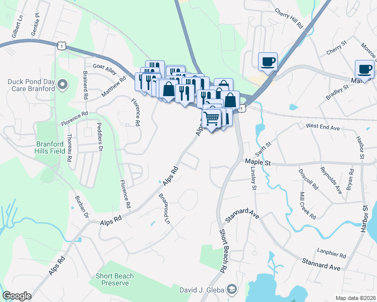 map of restaurants, bars, coffee shops, grocery stores, and more near 2 Marion Road in Branford