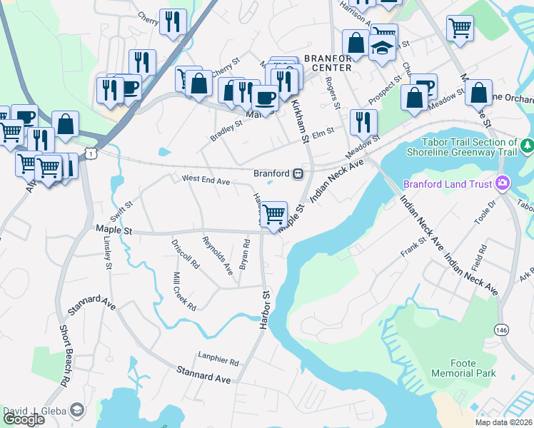 map of restaurants, bars, coffee shops, grocery stores, and more near 323 Harbor Street in Branford