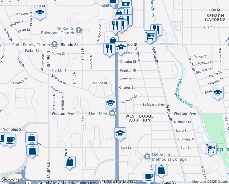 map of restaurants, bars, coffee shops, grocery stores, and more near 1401 Nebraska 133 in Omaha