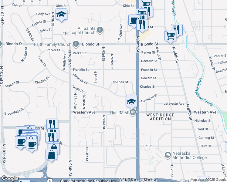 map of restaurants, bars, coffee shops, grocery stores, and more near 9122 Meadow Drive in Omaha