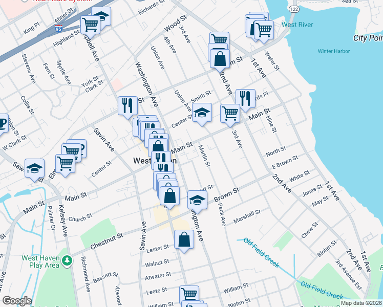 map of restaurants, bars, coffee shops, grocery stores, and more near 278 Main Street in West Haven
