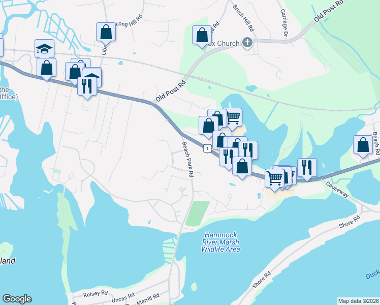 map of restaurants, bars, coffee shops, grocery stores, and more near 12 Beach Park Road in Clinton