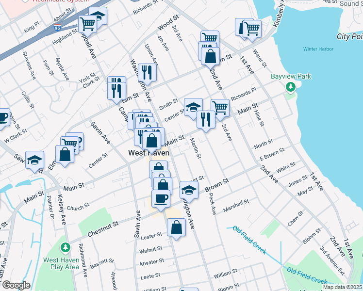 map of restaurants, bars, coffee shops, grocery stores, and more near 278 Main Street in West Haven