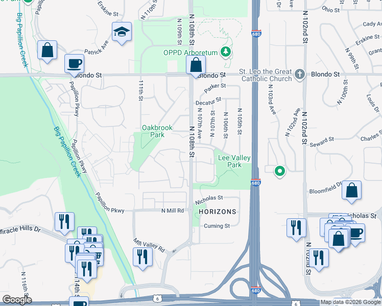 map of restaurants, bars, coffee shops, grocery stores, and more near 23 Hamilton Plaza in Omaha