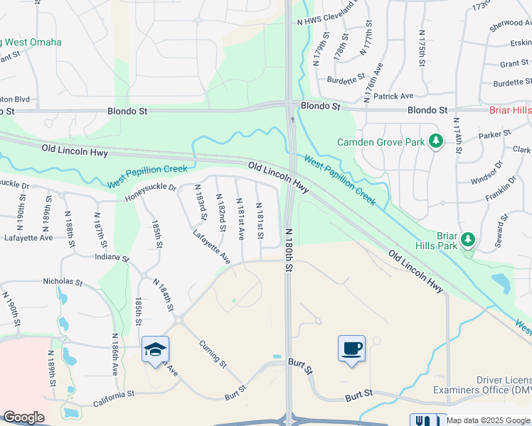 map of restaurants, bars, coffee shops, grocery stores, and more near 1403 North 181st Street in Omaha