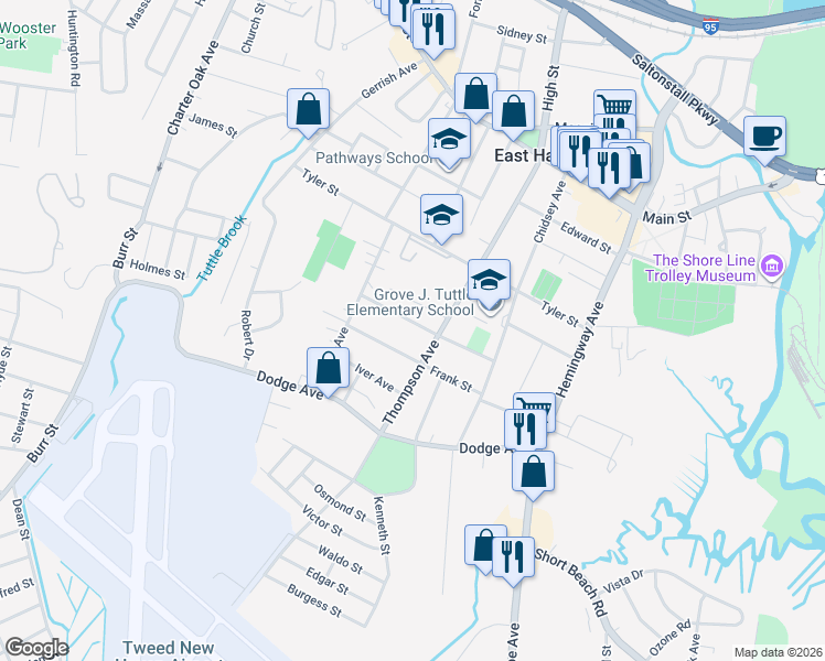 map of restaurants, bars, coffee shops, grocery stores, and more near 77 Frank Street in East Haven