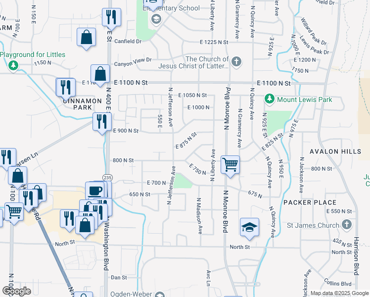 map of restaurants, bars, coffee shops, grocery stores, and more near 631 East 875 North Street in Ogden