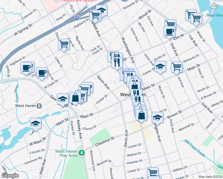 map of restaurants, bars, coffee shops, grocery stores, and more near 738 Savin Avenue in West Haven