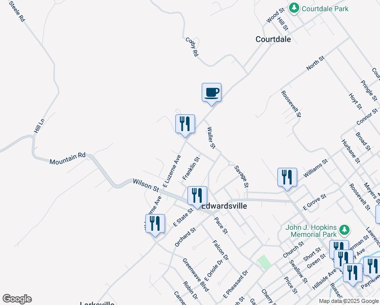 map of restaurants, bars, coffee shops, grocery stores, and more near 128 East Luzerne Avenue in Edwardsville