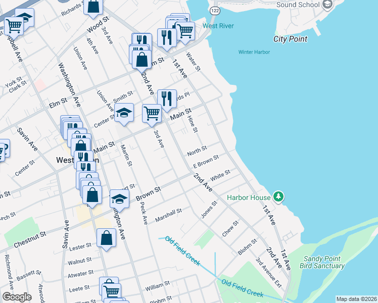 map of restaurants, bars, coffee shops, grocery stores, and more near 63 North Street in West Haven