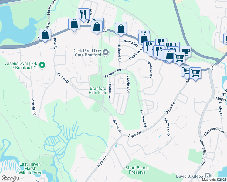map of restaurants, bars, coffee shops, grocery stores, and more near 437 Thoreau Road in Branford
