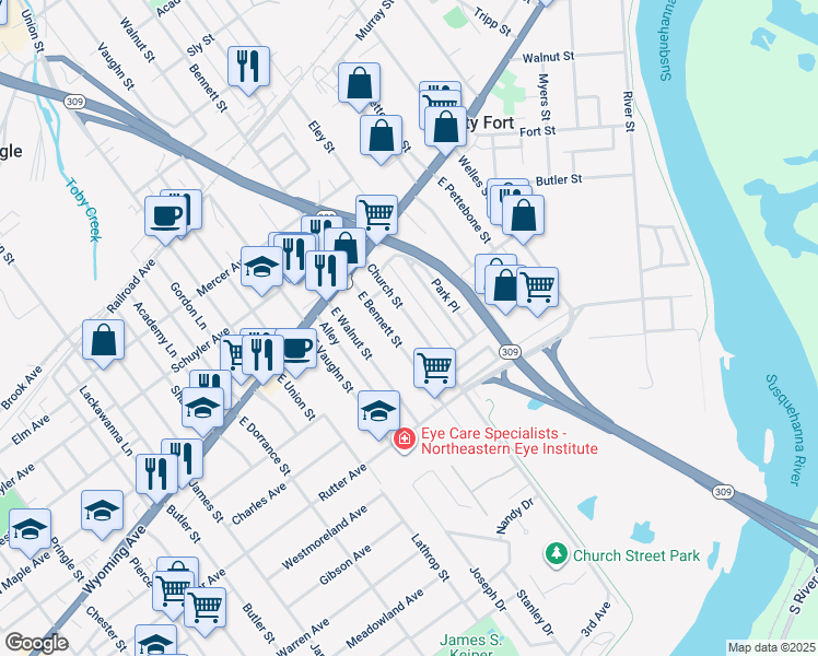 map of restaurants, bars, coffee shops, grocery stores, and more near 105 Church Street in Kingston