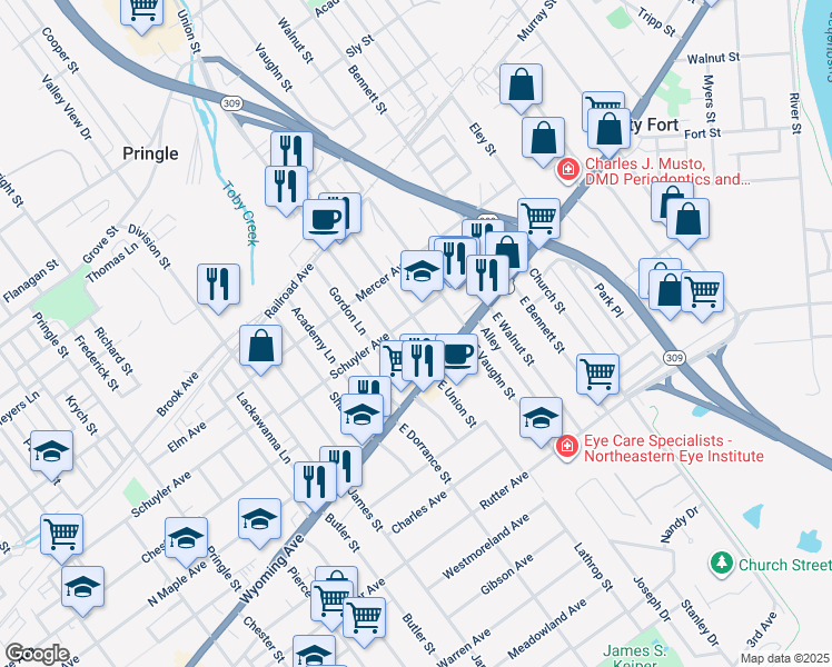 map of restaurants, bars, coffee shops, grocery stores, and more near 684 Wyoming Avenue in Kingston