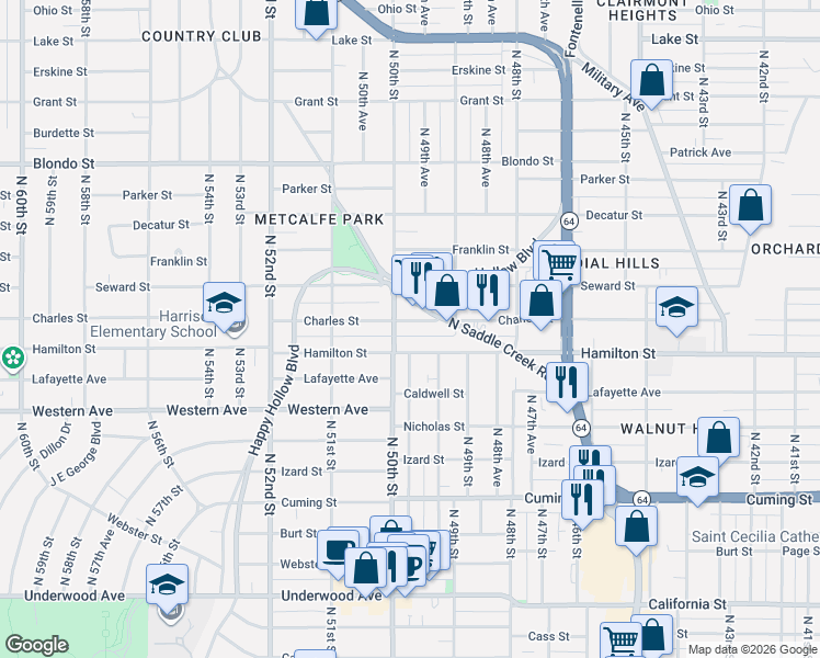 map of restaurants, bars, coffee shops, grocery stores, and more near 4960 Hamilton Street in Omaha