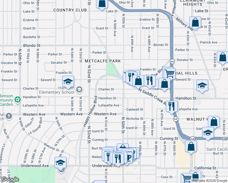 map of restaurants, bars, coffee shops, grocery stores, and more near 5010 Hamilton Street in Omaha